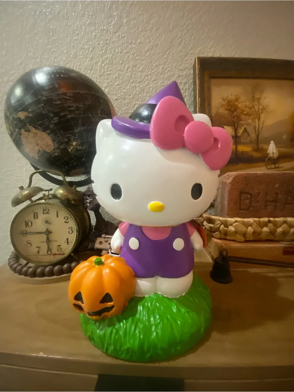 Purple Halloween Cat Figurine with Pumpkin - Home Decor